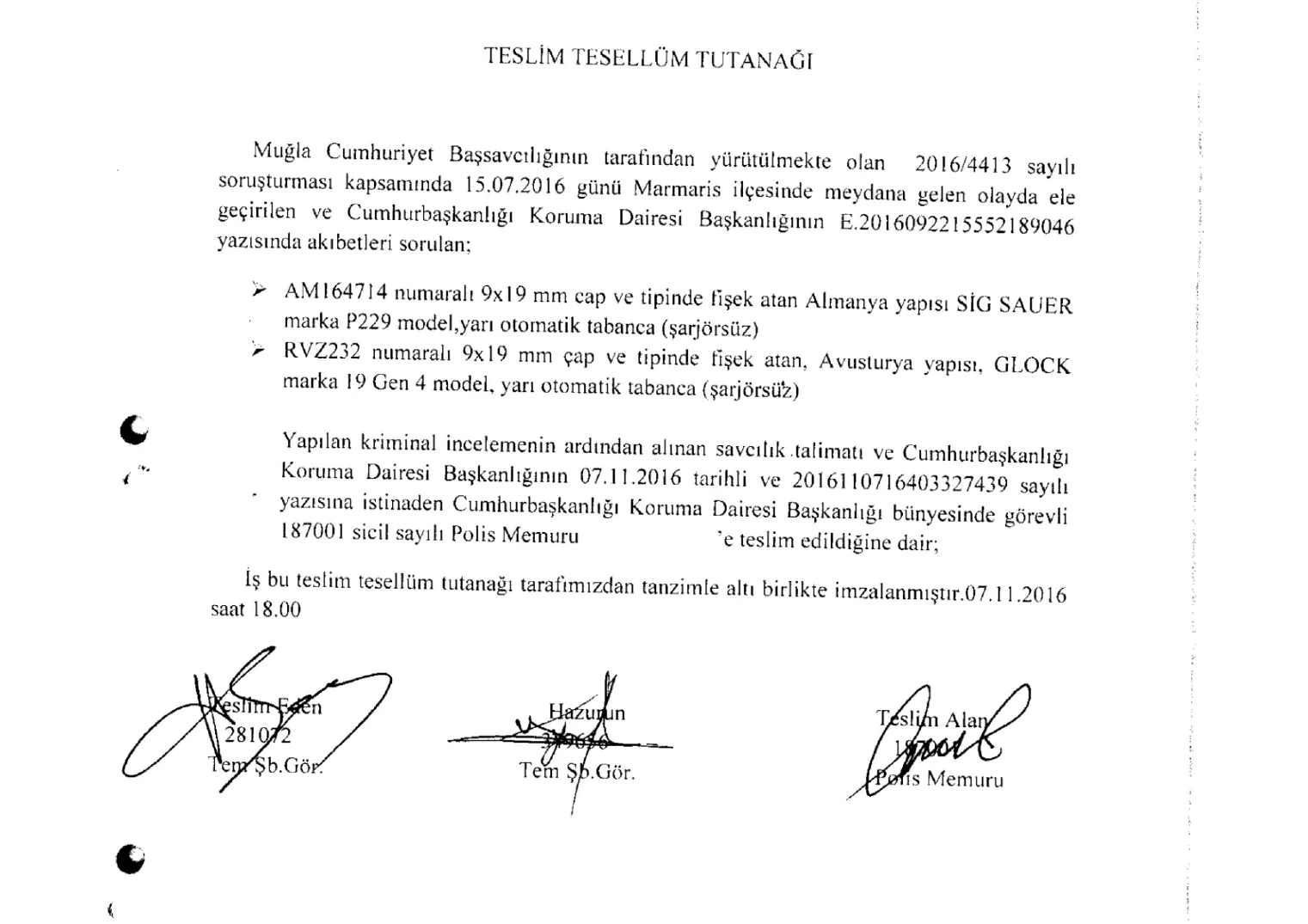 AM 164714 Sig Sauer ve RVZ 232 Glock Tabancaların Teslim Tesellüm Tutanağı — ilk sayfa
