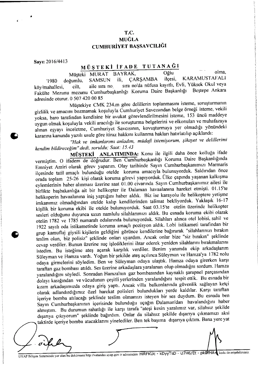 Murat Bayrak'ın Cumhuriyet Savcılığı İfadesi — ilk sayfa