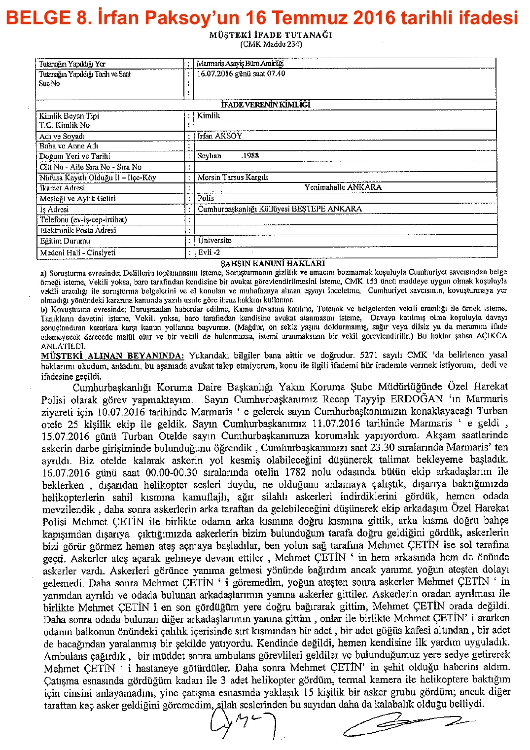 İrfan Paksoy'un Müşteki İfadesi — ilk sayfa