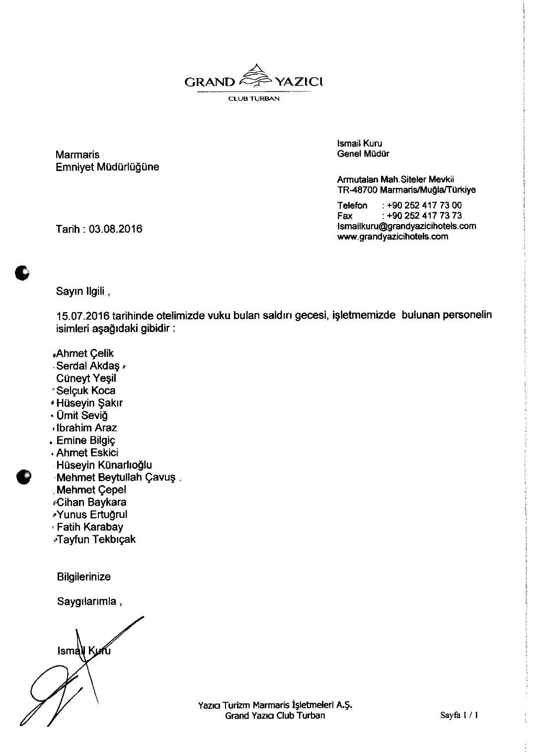 15 Temmuz Gecesi Turban Otel Personel Listeleri — ilk sayfa