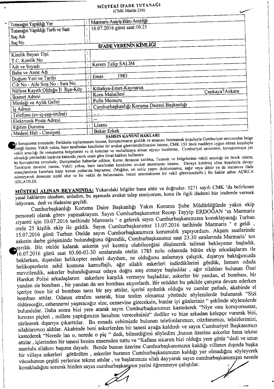 Yedi Cumhurbaşkanı Korumasının İfadeleri — ilk sayfa